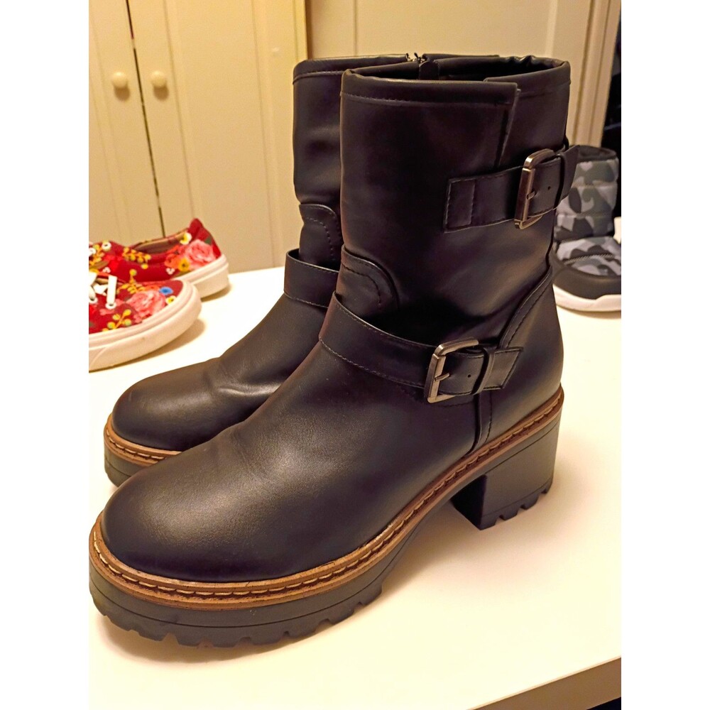 Esprit Marise Women’s Black Biker Mid-Calf Block Heel Zip Boots US 10M